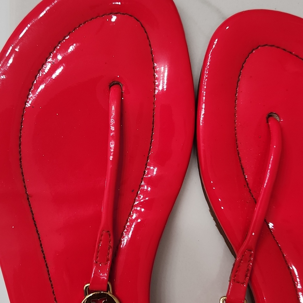 Tory Burch Bright Red Braided Thong Sandals with Gold Logo - Picture 3 of 12